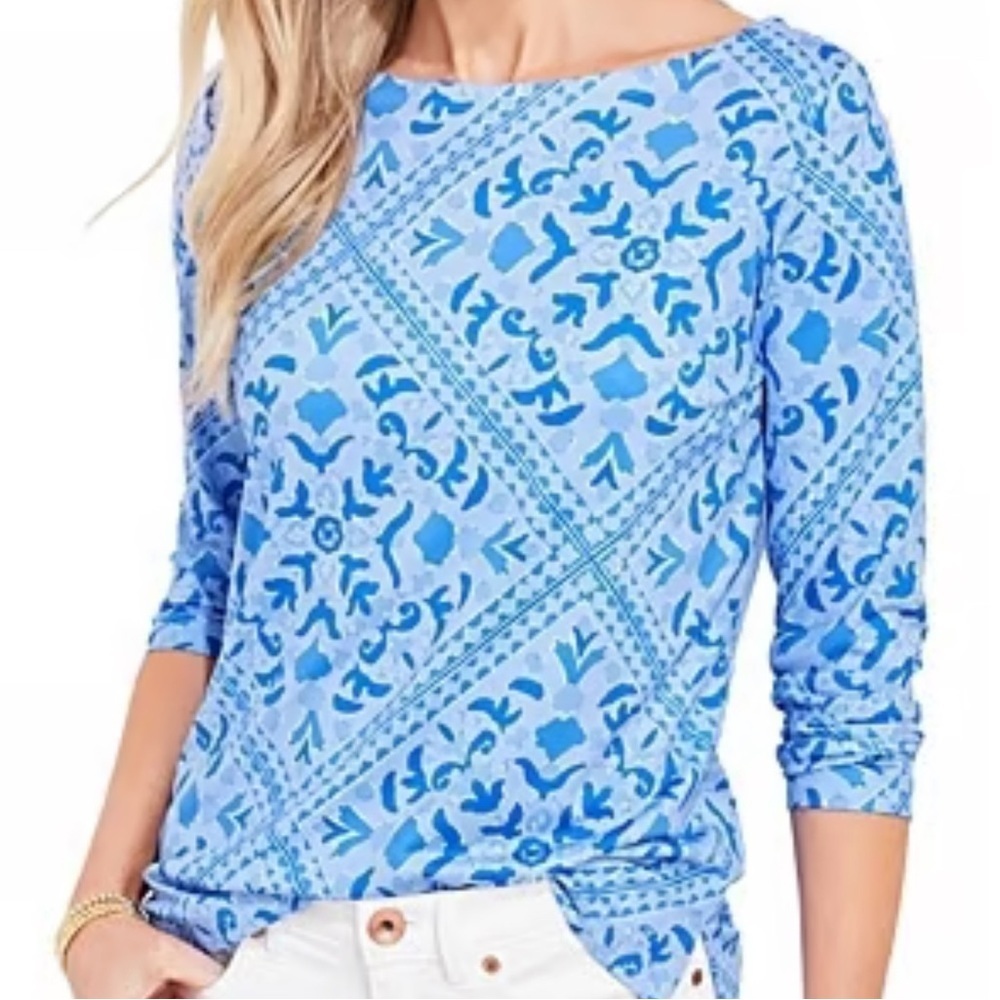 Vineyard Vines Womens Sankaty Tee Medium Boatneck Printed Top Calm Water Large - Picture 2 of 10